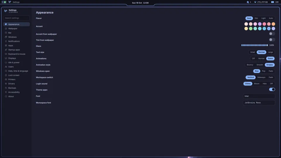 The Settings window on its Appearance page