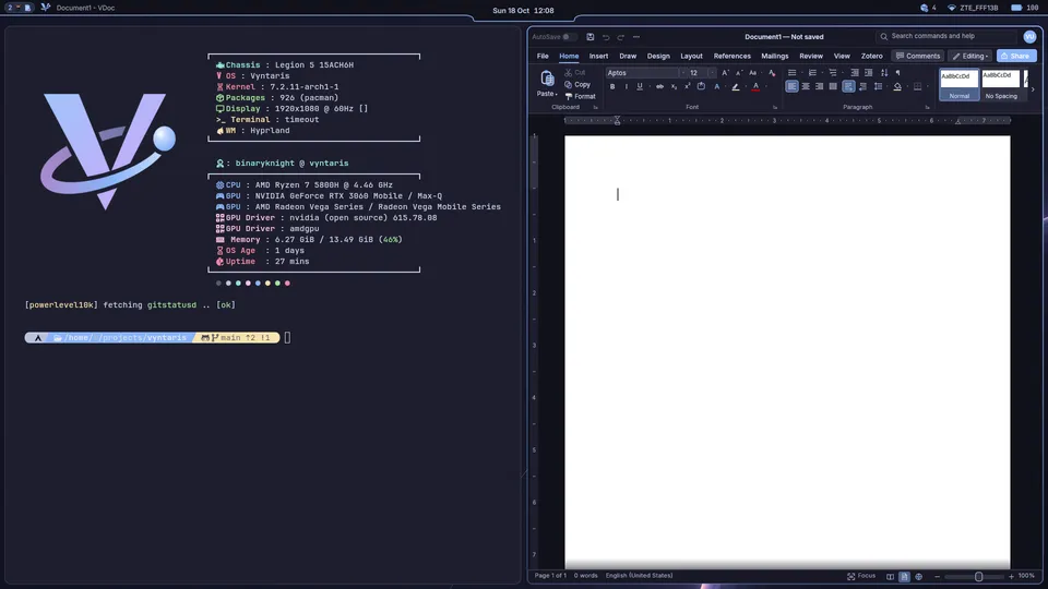 Two tiled windows: a terminal with fastfetch and the VDoc word processor