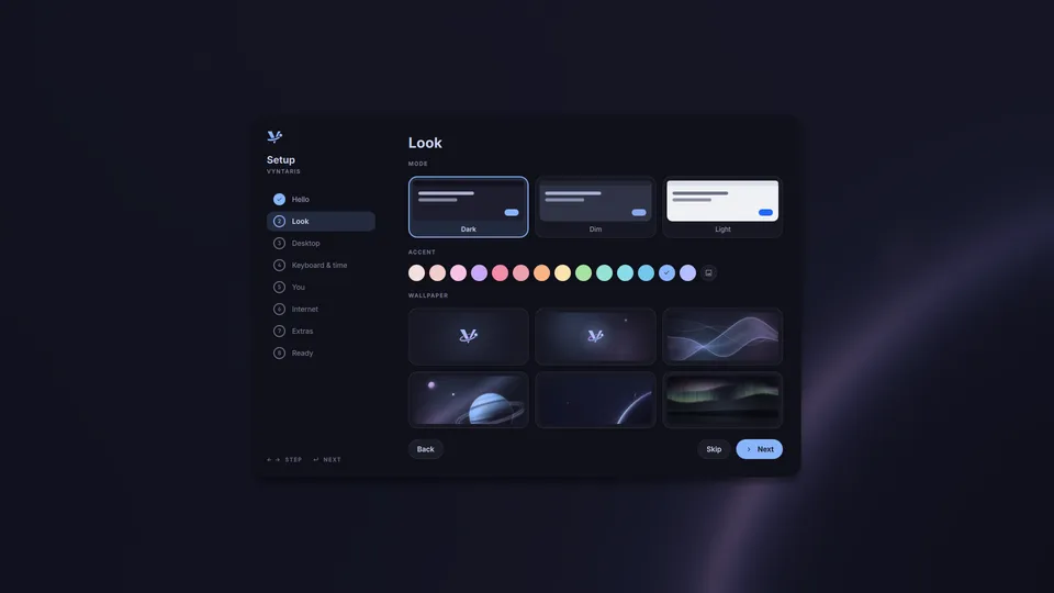 The Vyntaris setup window on its Look step: mode, accent and wallpaper